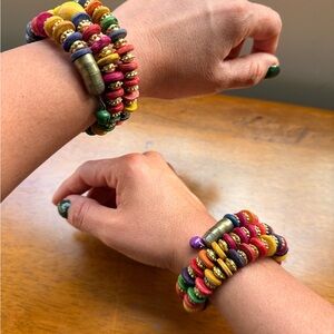 2 Multicolor Wooden Beaded Wrap Bracelet Set with golden accents spacers